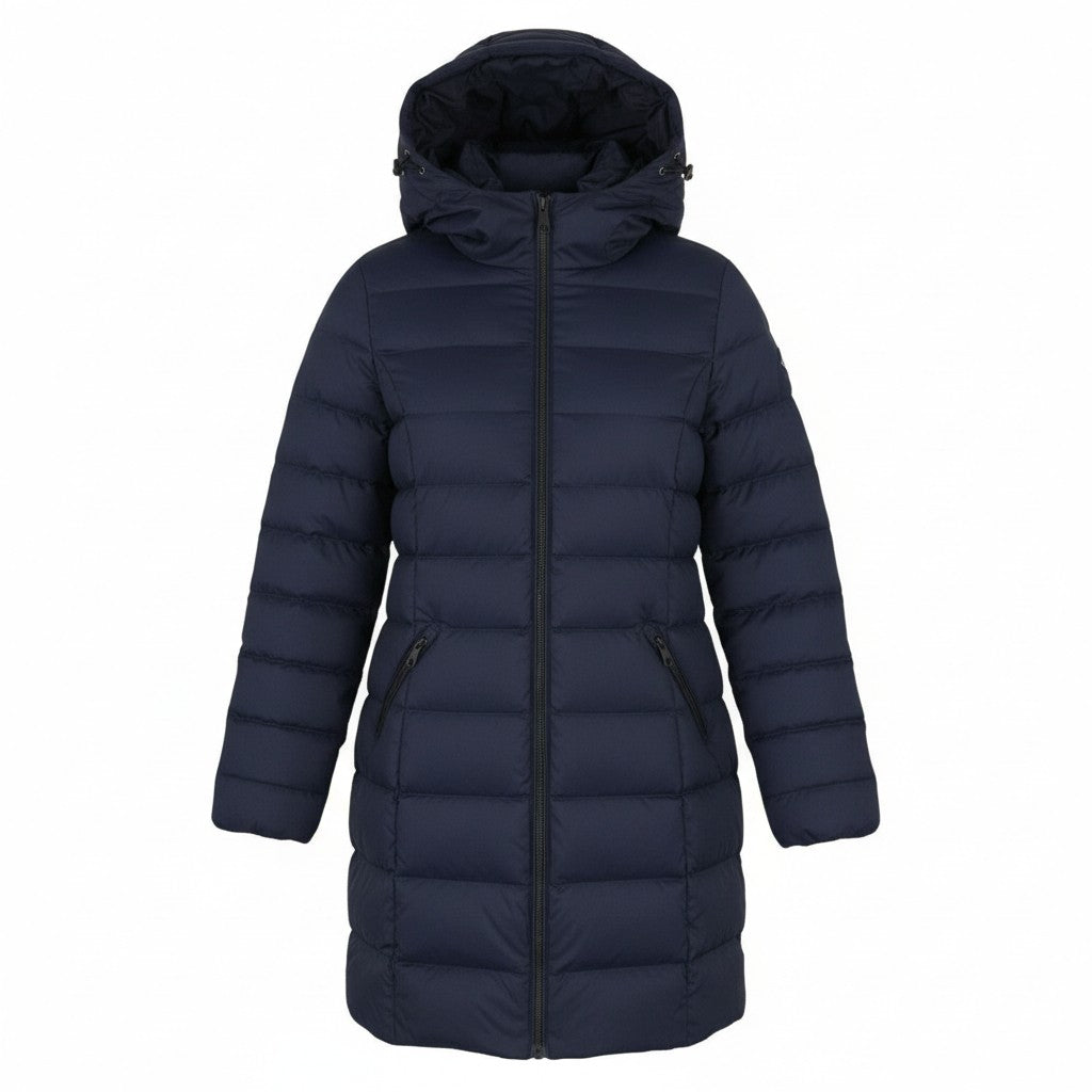 GANT Classic Down Long Women Jacket M Evening Blue Quilted Hood Coat