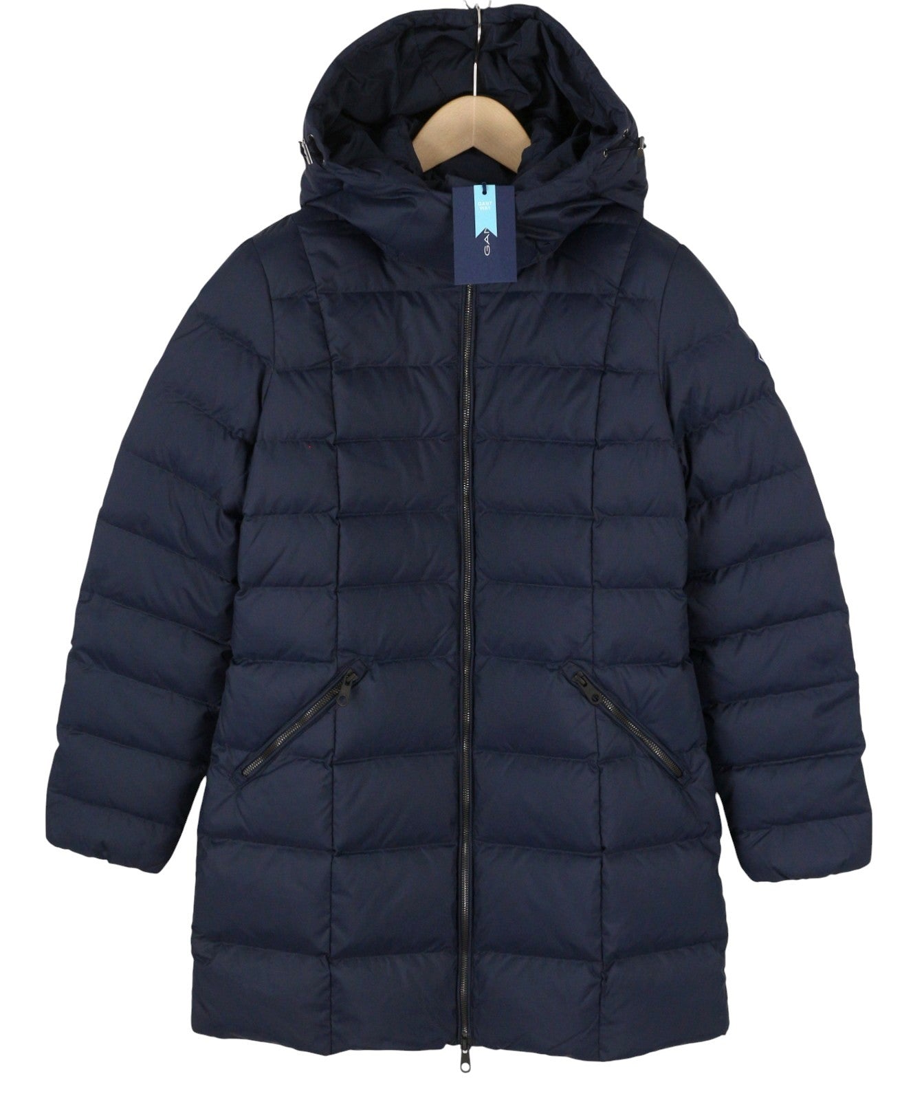 GANT Classic Down Long Women Jacket M Evening Blue Quilted Hood Coat