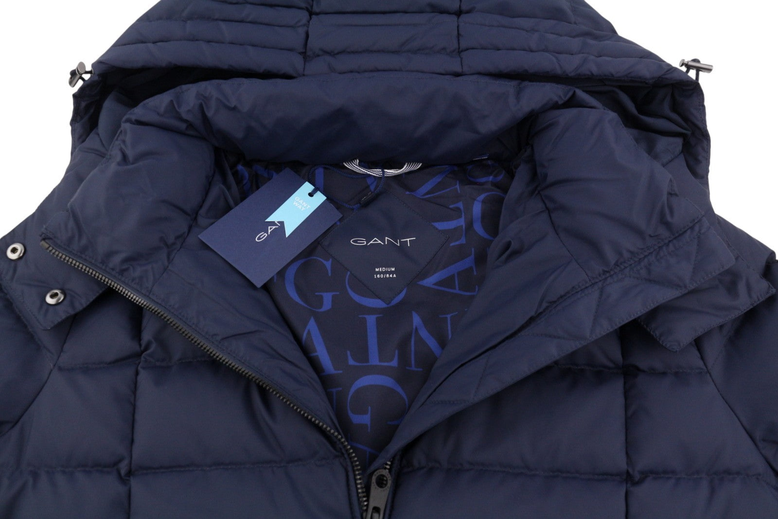 GANT Classic Down Long Women Jacket M Evening Blue Quilted Hood Coat