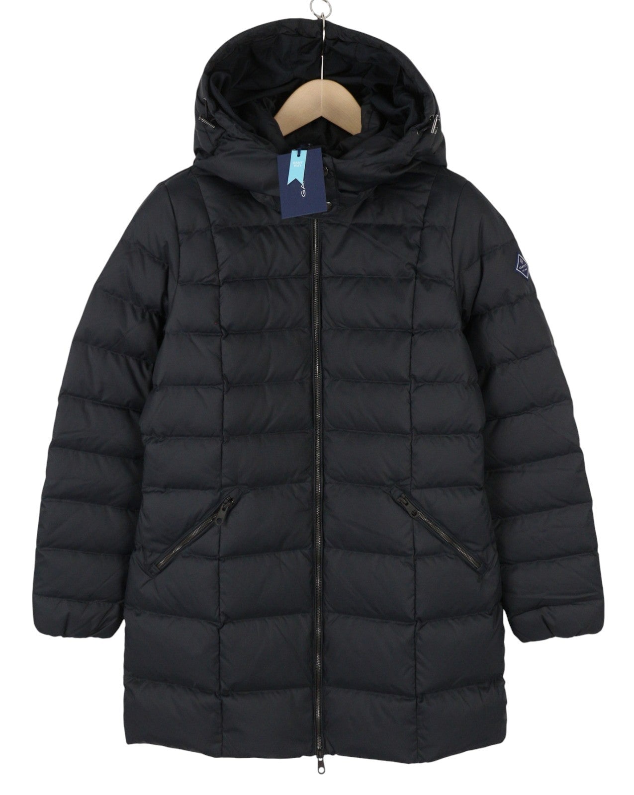 GANT Classic Down Long Women Jacket M Black Quilted Hood Coat
