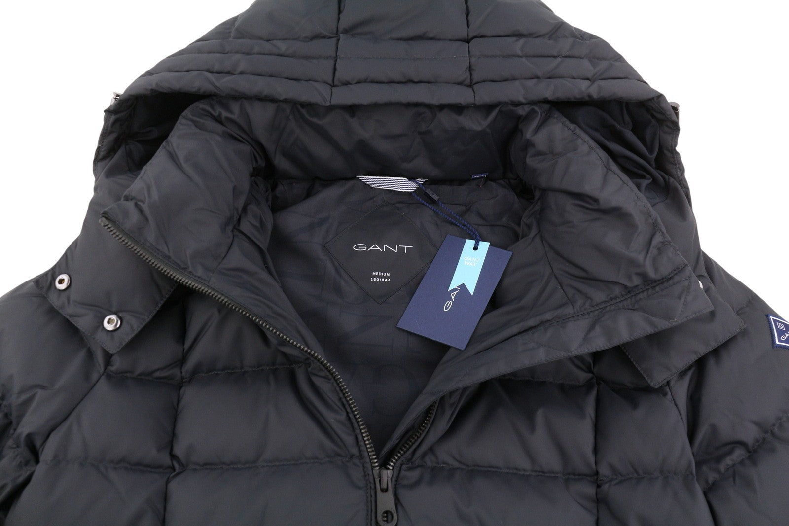 GANT Classic Down Long Women Jacket M Black Quilted Hood Coat