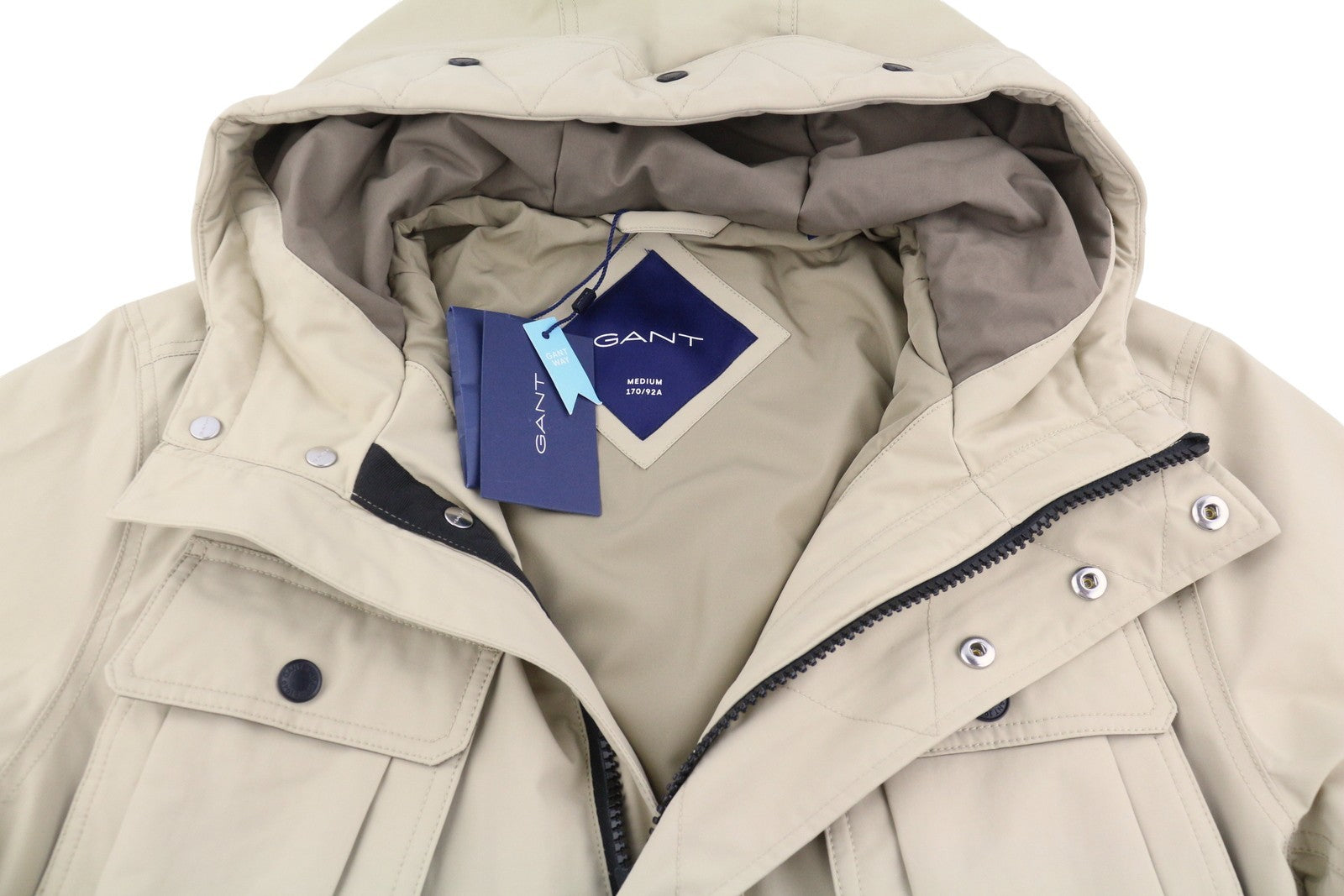 GANT Padded Short Parka Men Jacket M Dry Sand Hooded Zip Coat RRP395