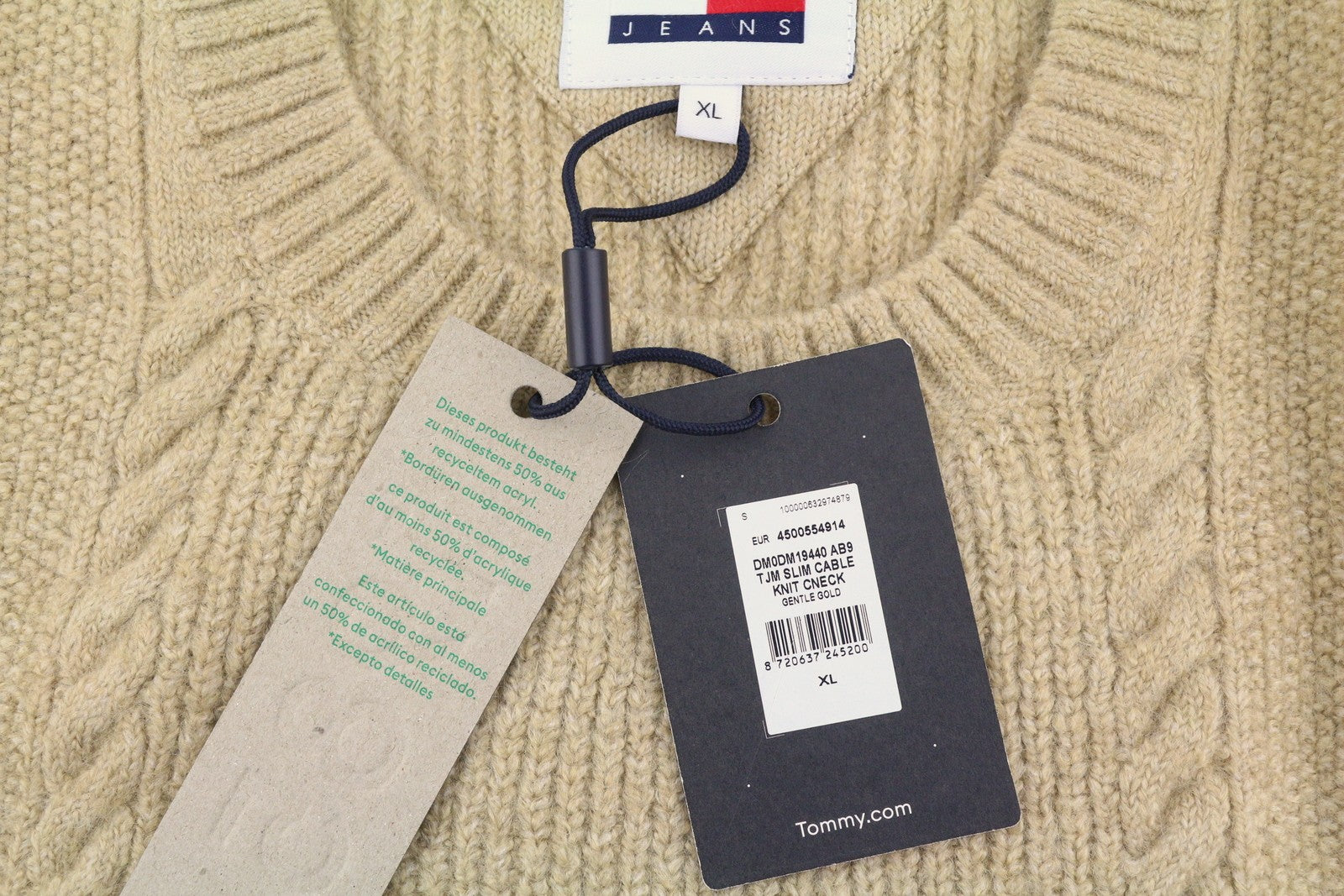 Tommy Jeans Slim Cable Knit Cneck Men Jumper XL Gentle Gold Brown Pull On