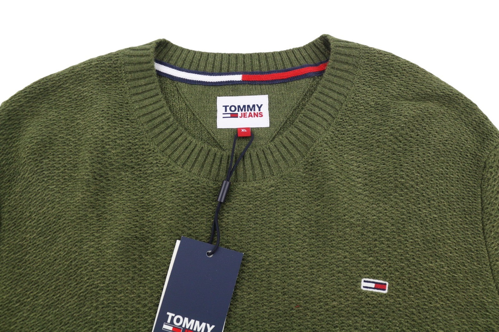 Tommy Jeans Req Structured Men Jumper XL Olive Green Crew Neck Knit Pull On