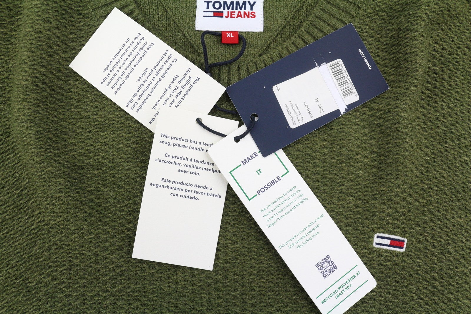 Tommy Jeans Req Structured Men Jumper XL Olive Green Crew Neck Knit Pull On