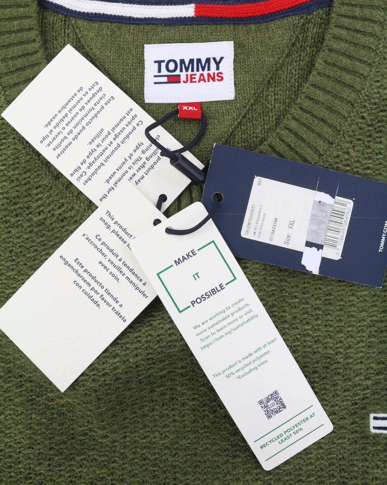 Tommy Jeans Req Structured Men Jumper 2XL Olive Green Crew Neck Knit Pull On