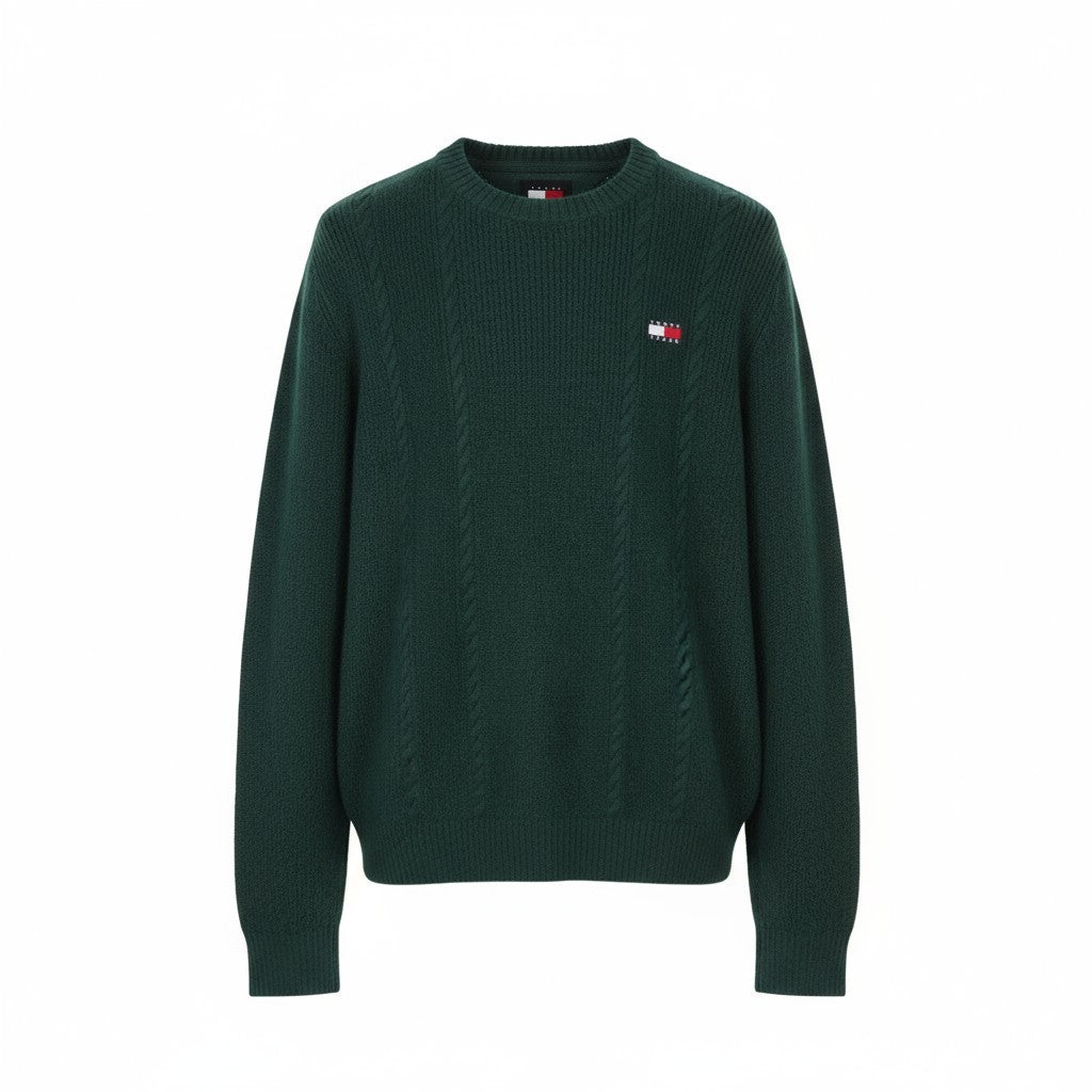 Tommy Jeans Slim Cable Knit Men Jumper L Green Crew Neck Stretch Pull On