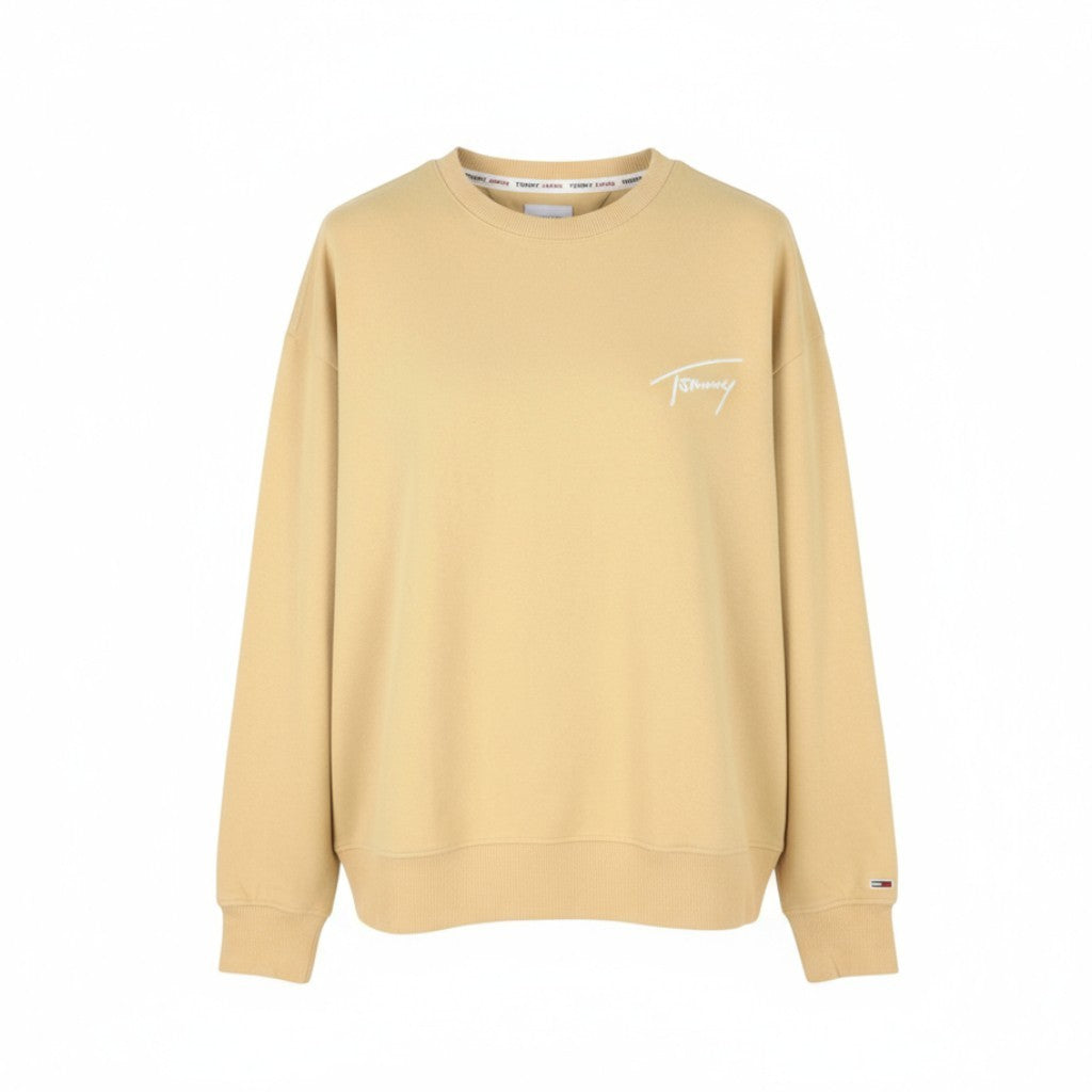 Tommy Jeans Men Sweatshirt 2XL Beige Crew Neck Embroidered Logo Pull On