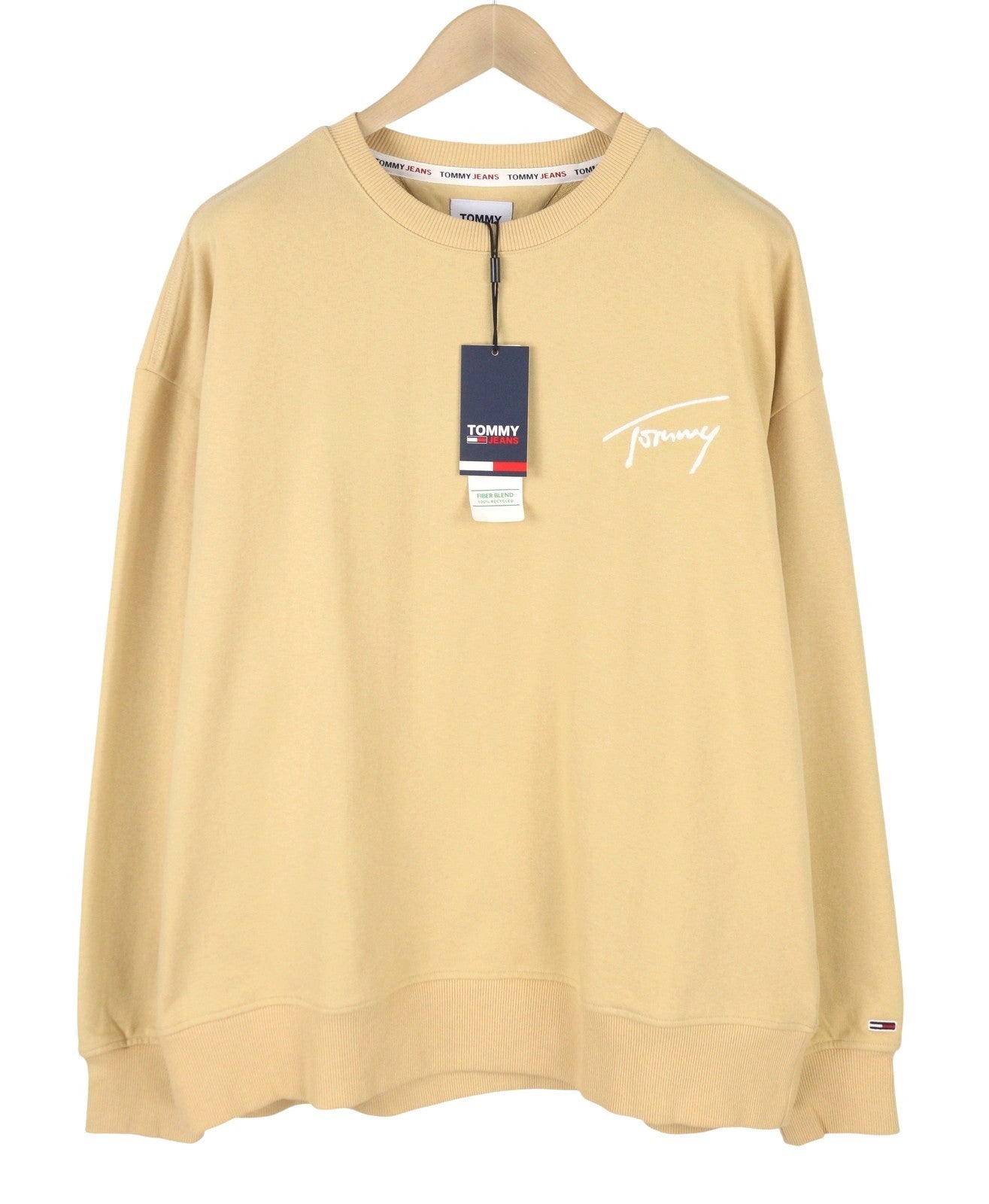 Tommy Jeans Men Sweatshirt 2XL Beige Crew Neck Embroidered Logo Pull On