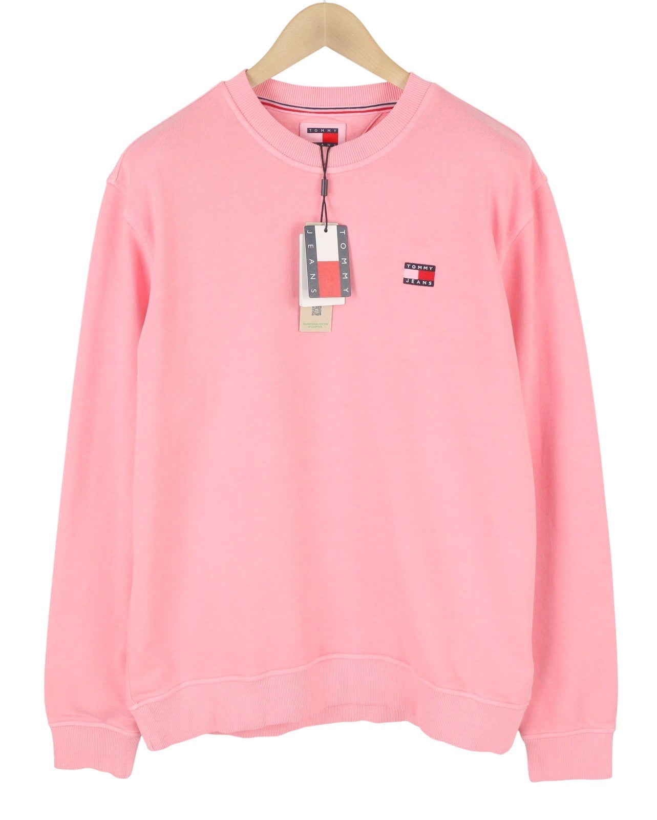 Tommy Jeans Men Sweatshirt L Pink Corron Crew Neck Front Logo Pull On