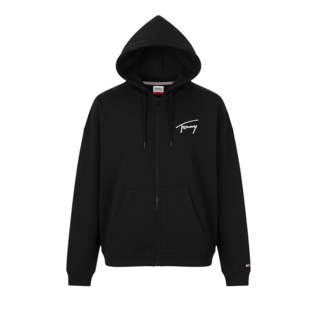 Tommy Jeans Men Hoodie L Black Full Zip Front Logo Oversized Pockets