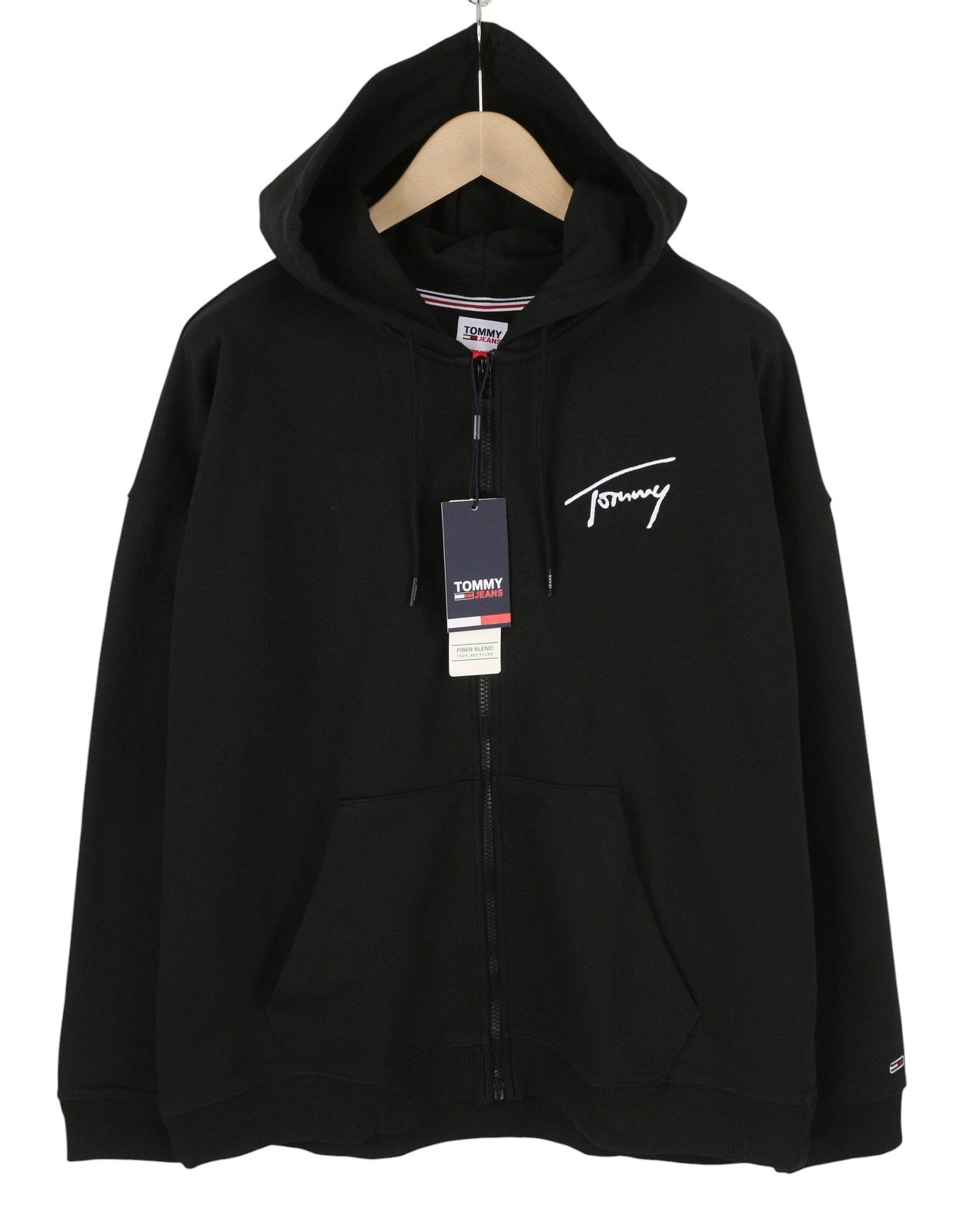 Tommy Jeans Men Hoodie L Black Full Zip Front Logo Oversized Pockets