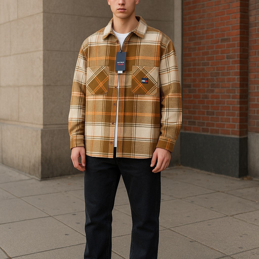 Tommy Jeans Brushed Check Men Shirt S Overshirt Flannel Thick Button-Up Brown
