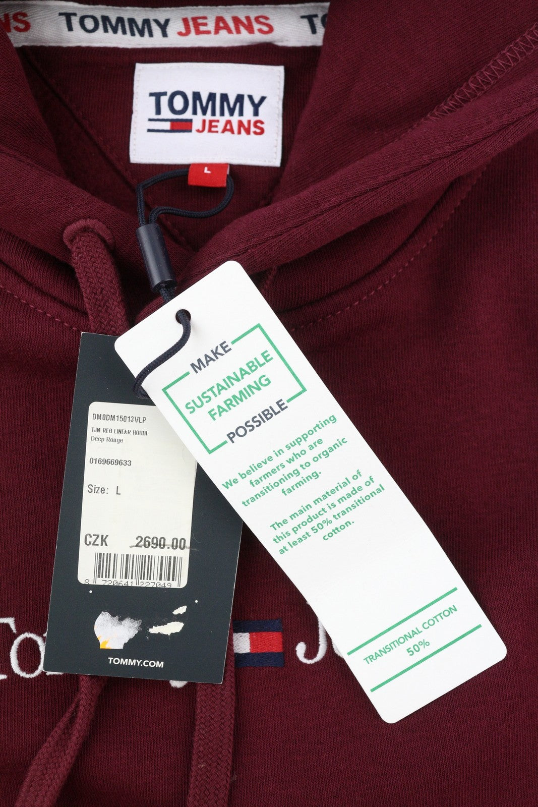 Tommy Jeans Req Linear Men Sweatshirt L Burgundy Kangaroo Pocket Pull On