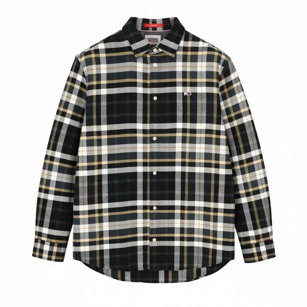Tommy Jeans Men Shirt M Flannel Plaid Classic Fit Spread Neck Button-Up Logo