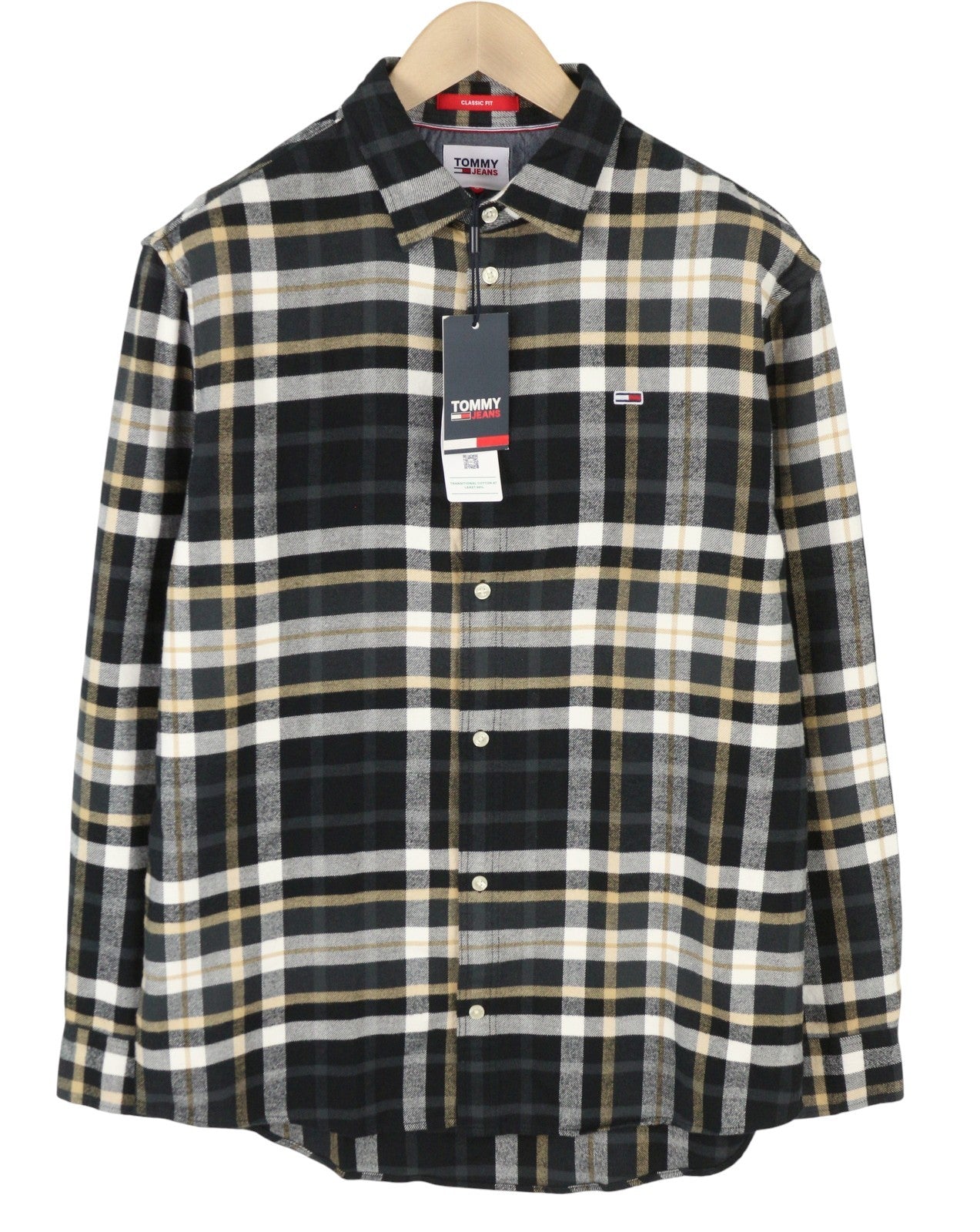Tommy Jeans Men Shirt M Flannel Plaid Classic Fit Spread Neck Button-Up Logo