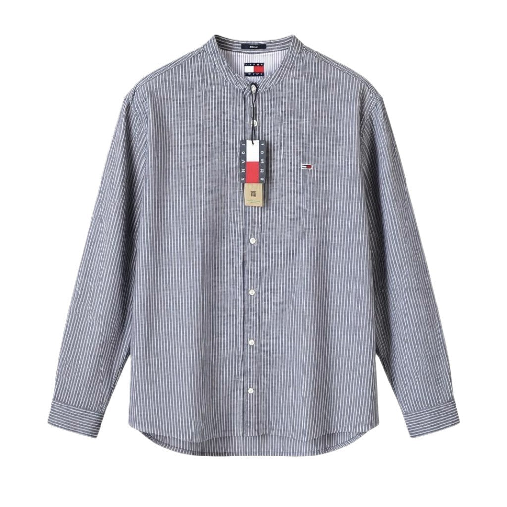Tommy Jeans Linen Mix Men Shirt L Blue Mandarin Neck Striped Button-Up Casual
