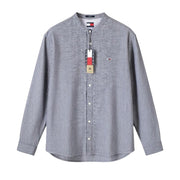 Tommy Jeans Linen Mix Men Shirt L Blue Mandarin Neck Striped Button-Up Casual
