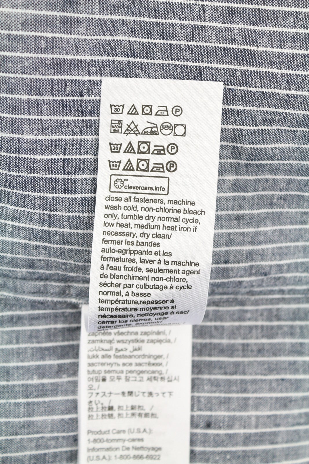 Tommy Jeans Linen Mix Men Shirt L Blue Mandarin Neck Striped Button-Up Casual