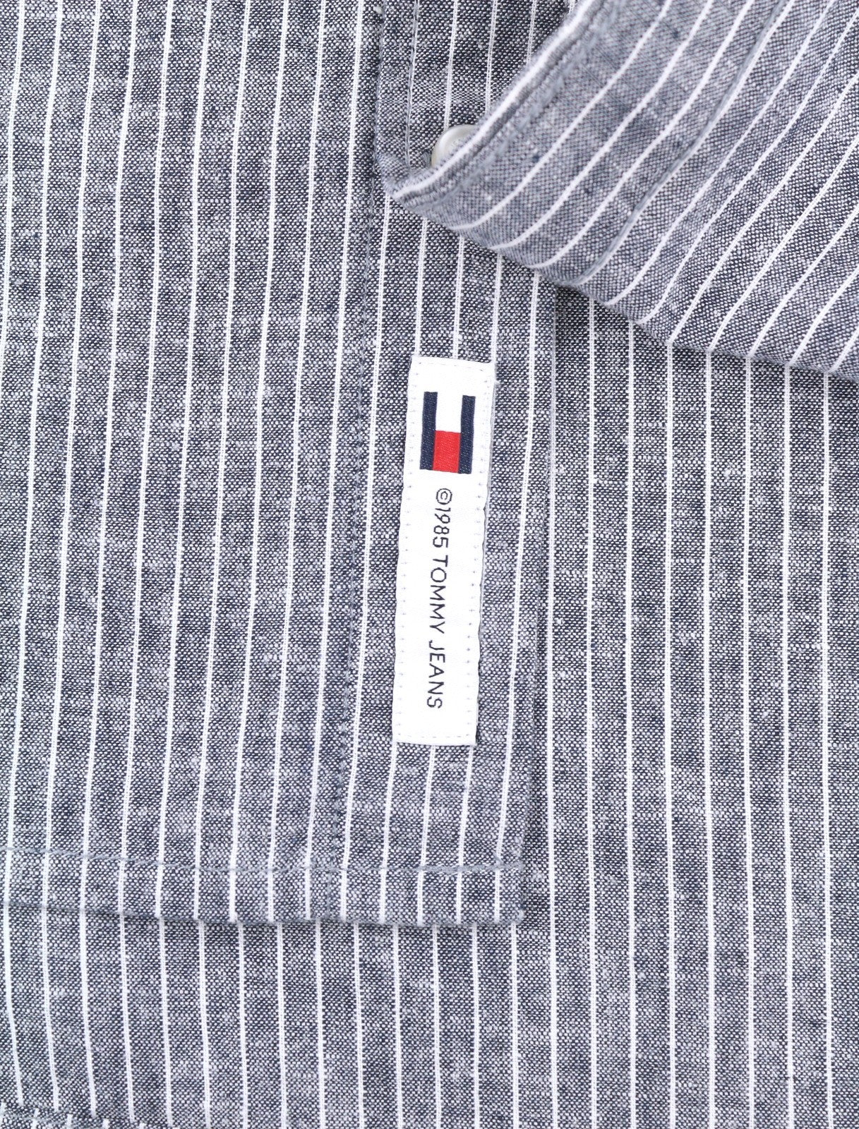 Tommy Jeans Linen Mix Men Shirt L Blue Mandarin Neck Striped Button-Up Casual