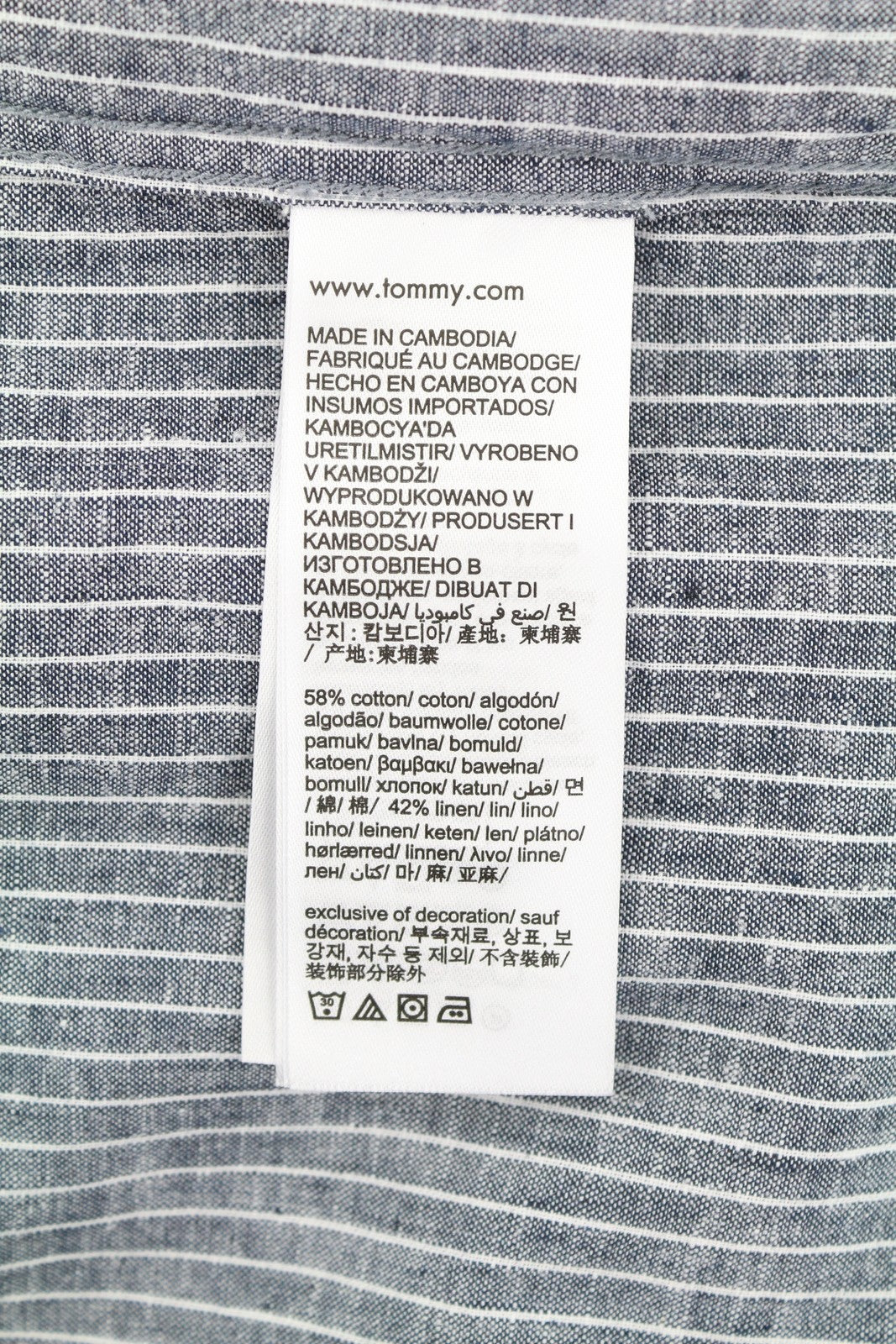 Tommy Jeans Linen Mix Men Shirt L Blue Mandarin Neck Striped Button-Up Casual