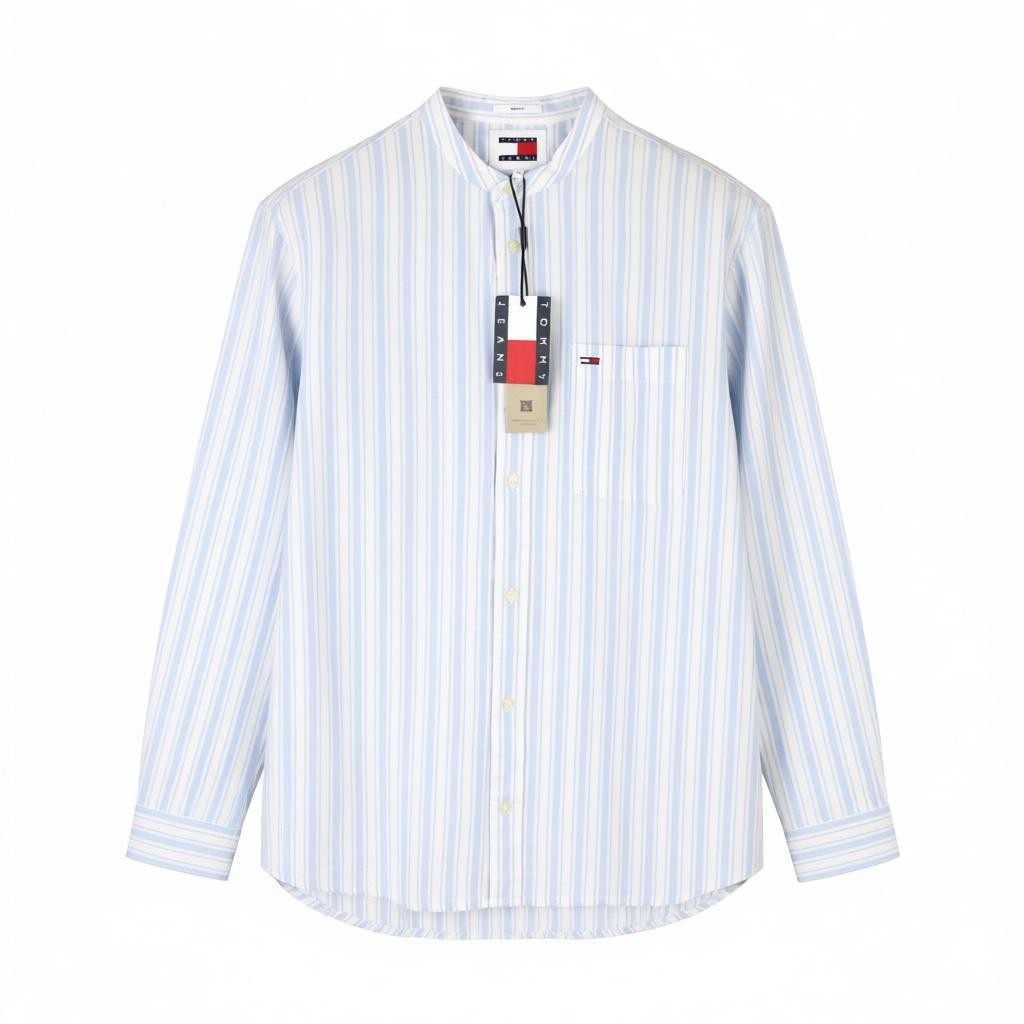Tommy Jeans Mao Stripe Linen Men Shirt M Blue Mandarin Neck Patch Pocket
