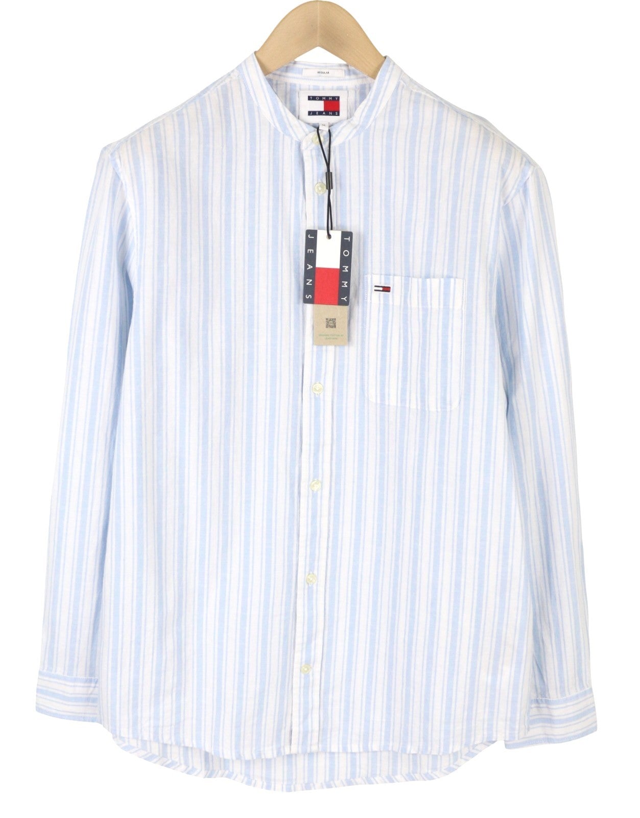 Tommy Jeans Mao Stripe Linen Men Shirt M Blue Mandarin Neck Patch Pocket