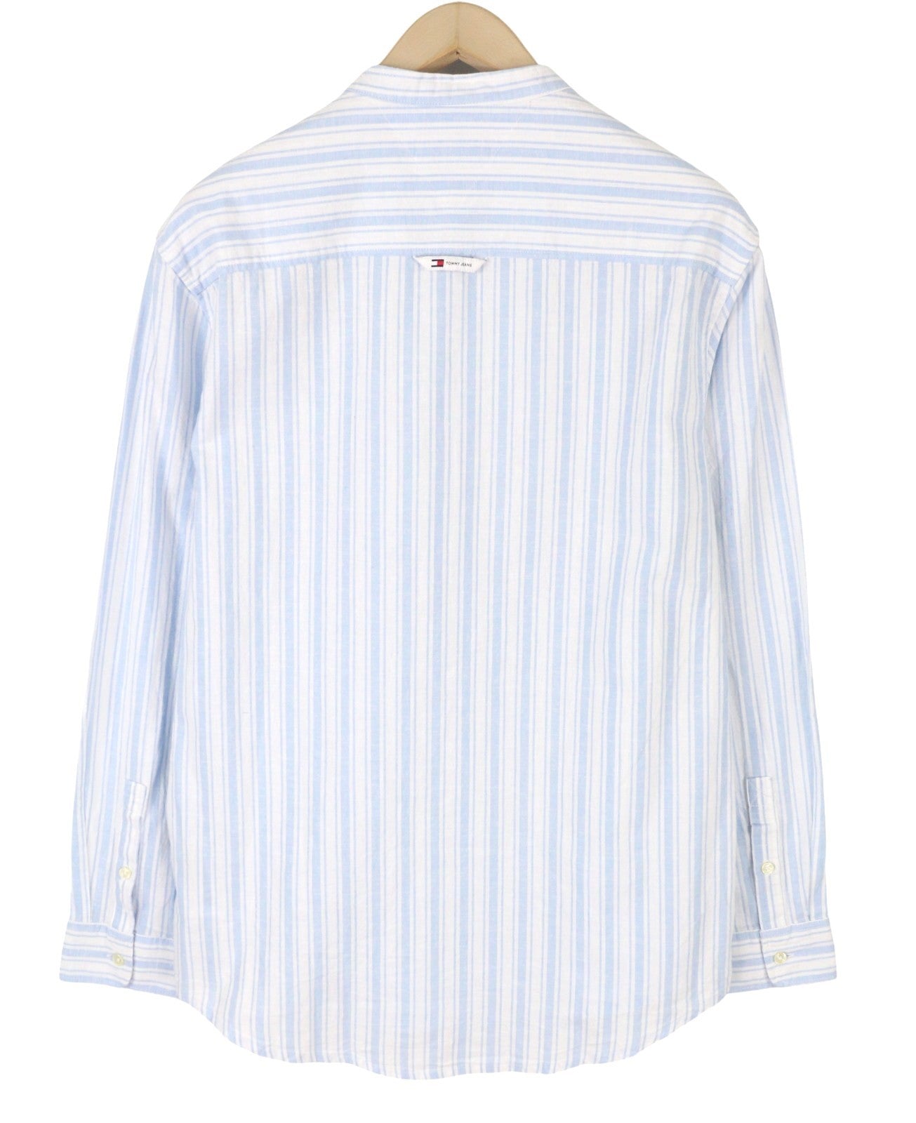 Tommy Jeans Mao Stripe Linen Men Shirt M Blue Mandarin Neck Patch Pocket