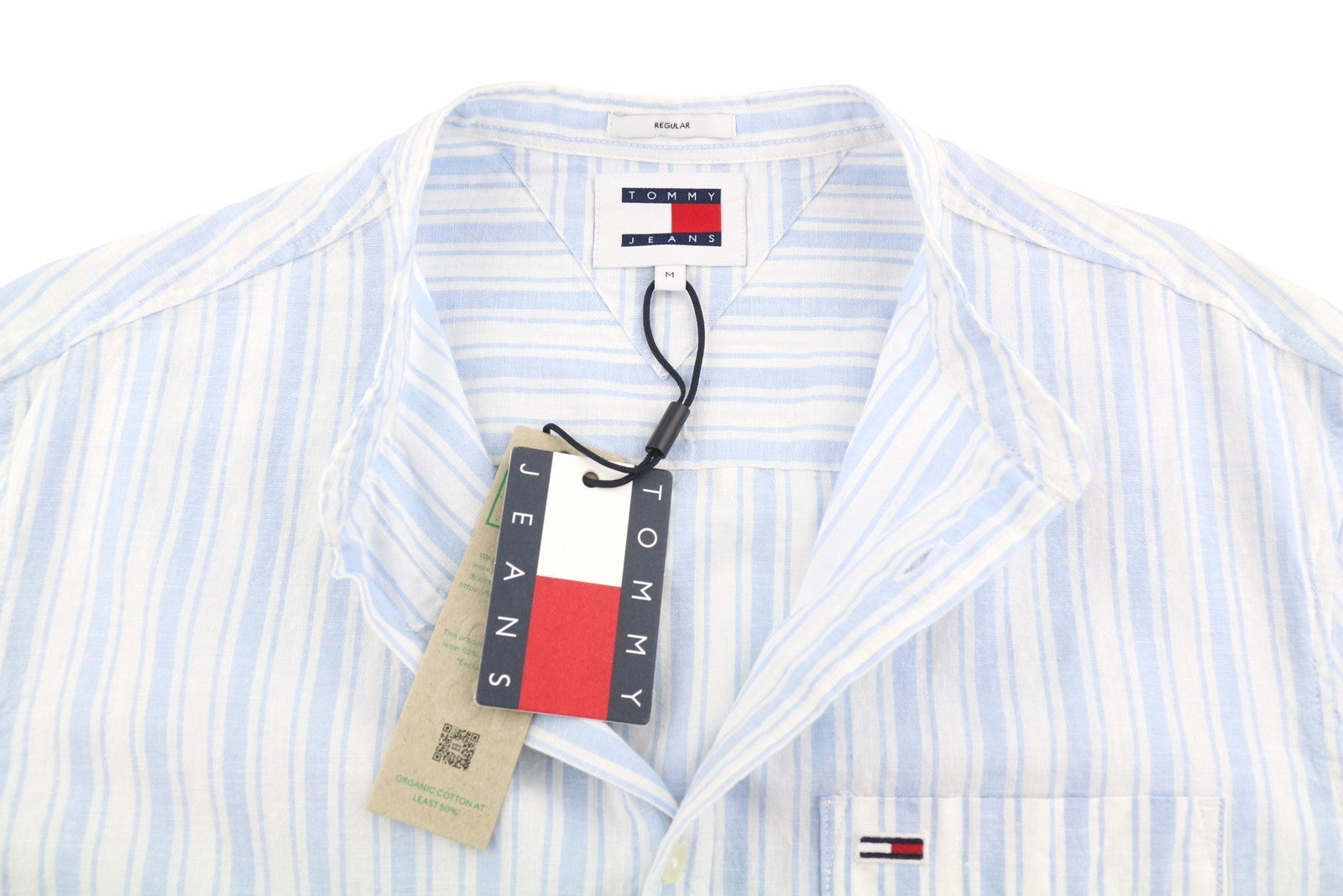Tommy Jeans Mao Stripe Linen Men Shirt M Blue Mandarin Neck Patch Pocket