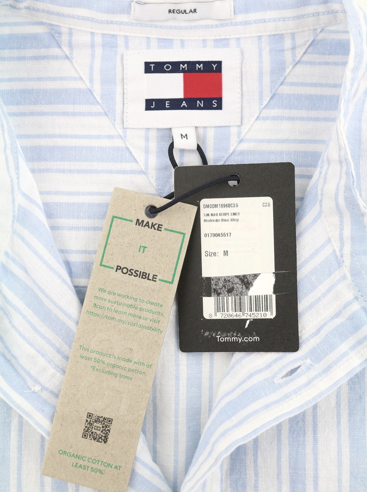 Tommy Jeans Mao Stripe Linen Men Shirt M Blue Mandarin Neck Patch Pocket