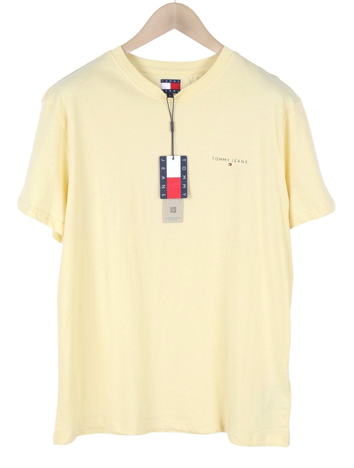 Tommy Jeans Slim Linear Ches Men T-Shirt L Custard Cream Crew Neck Tricot