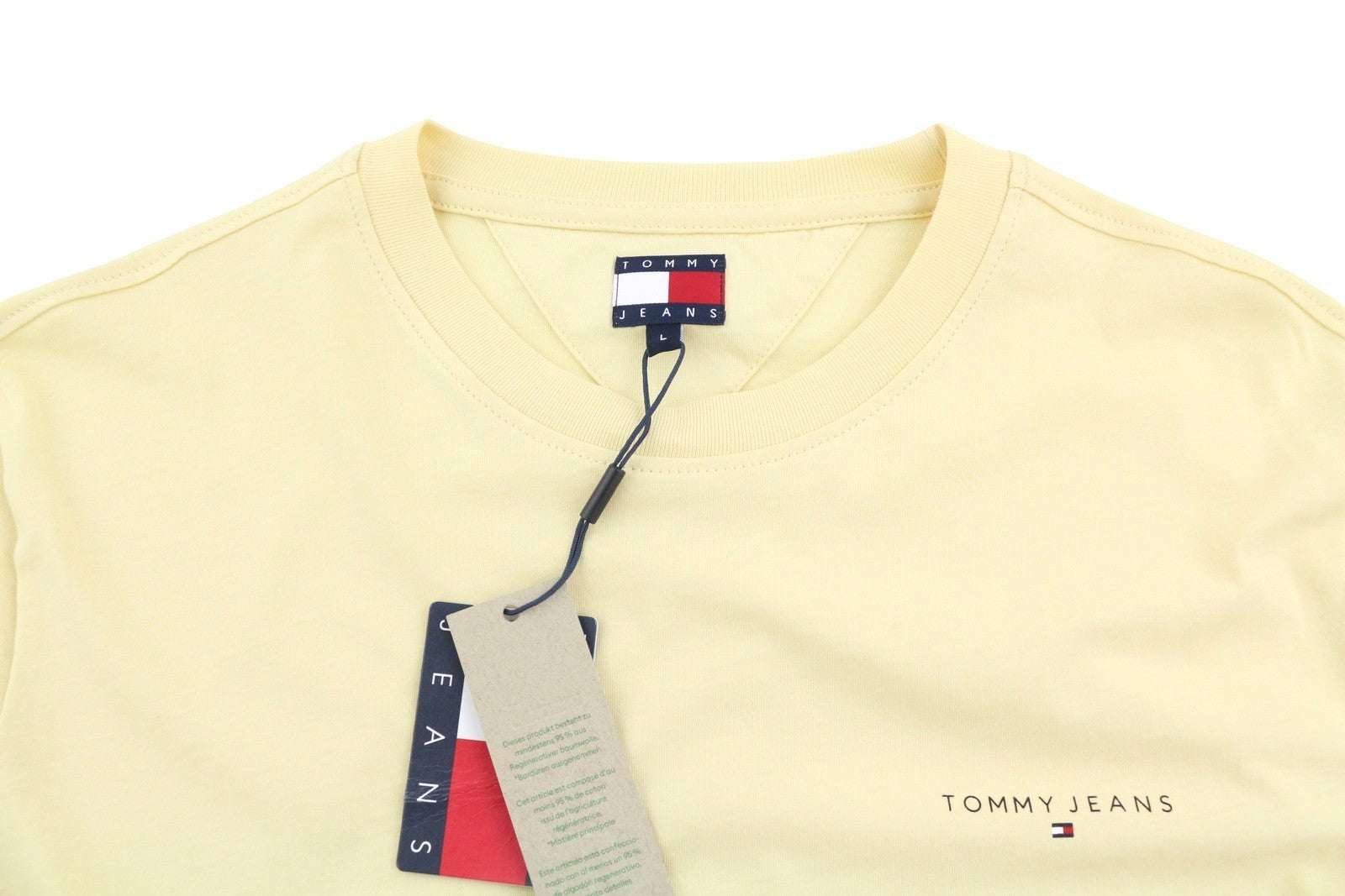 Tommy Jeans Slim Linear Ches Men T-Shirt L Custard Cream Crew Neck Tricot