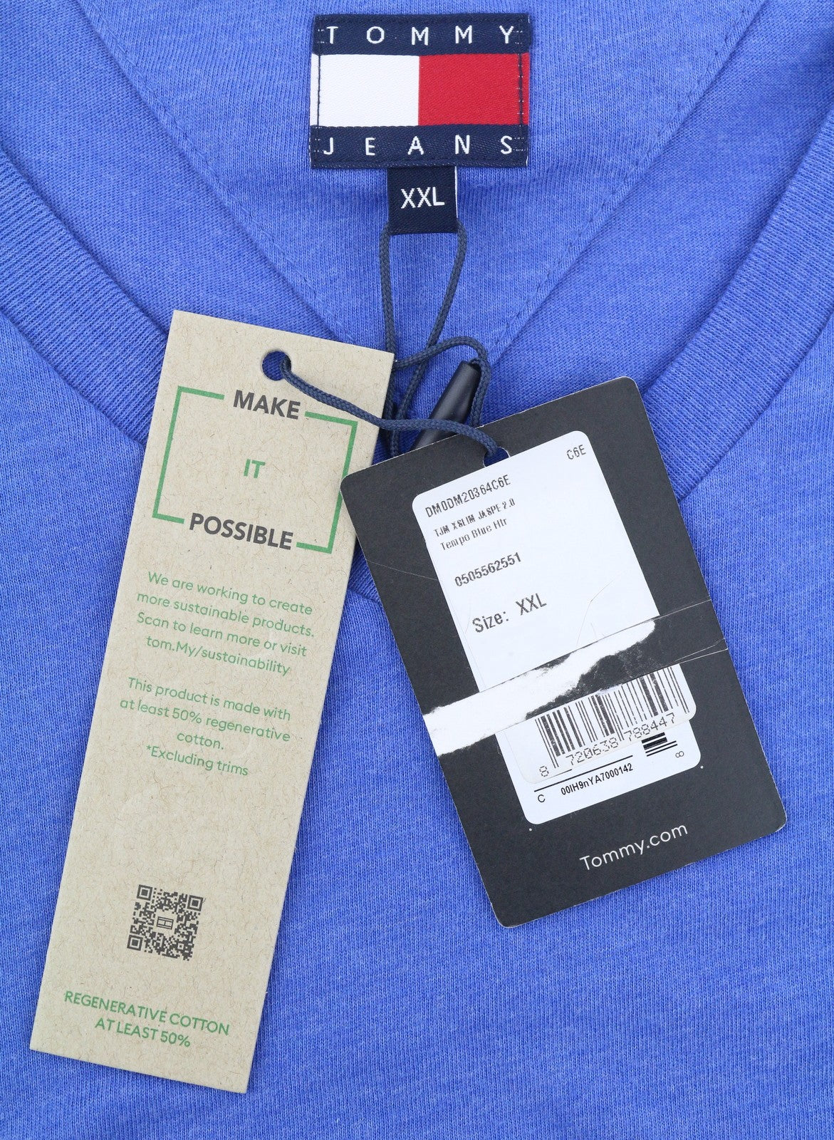 Tommy Jeans Slim Jaspe Men T-Shirt 2XL Blue Melange V-Neck Short Sleeve