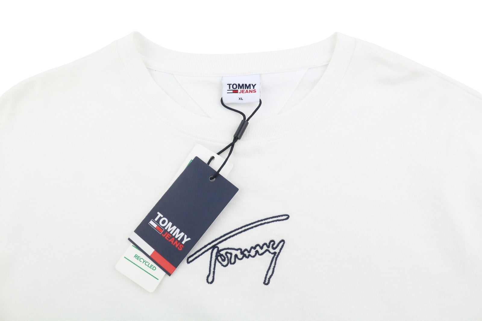 Tommy Jeans Men T-Shirt XL White Crew Neck Front Logo Tricot Short Sleeve