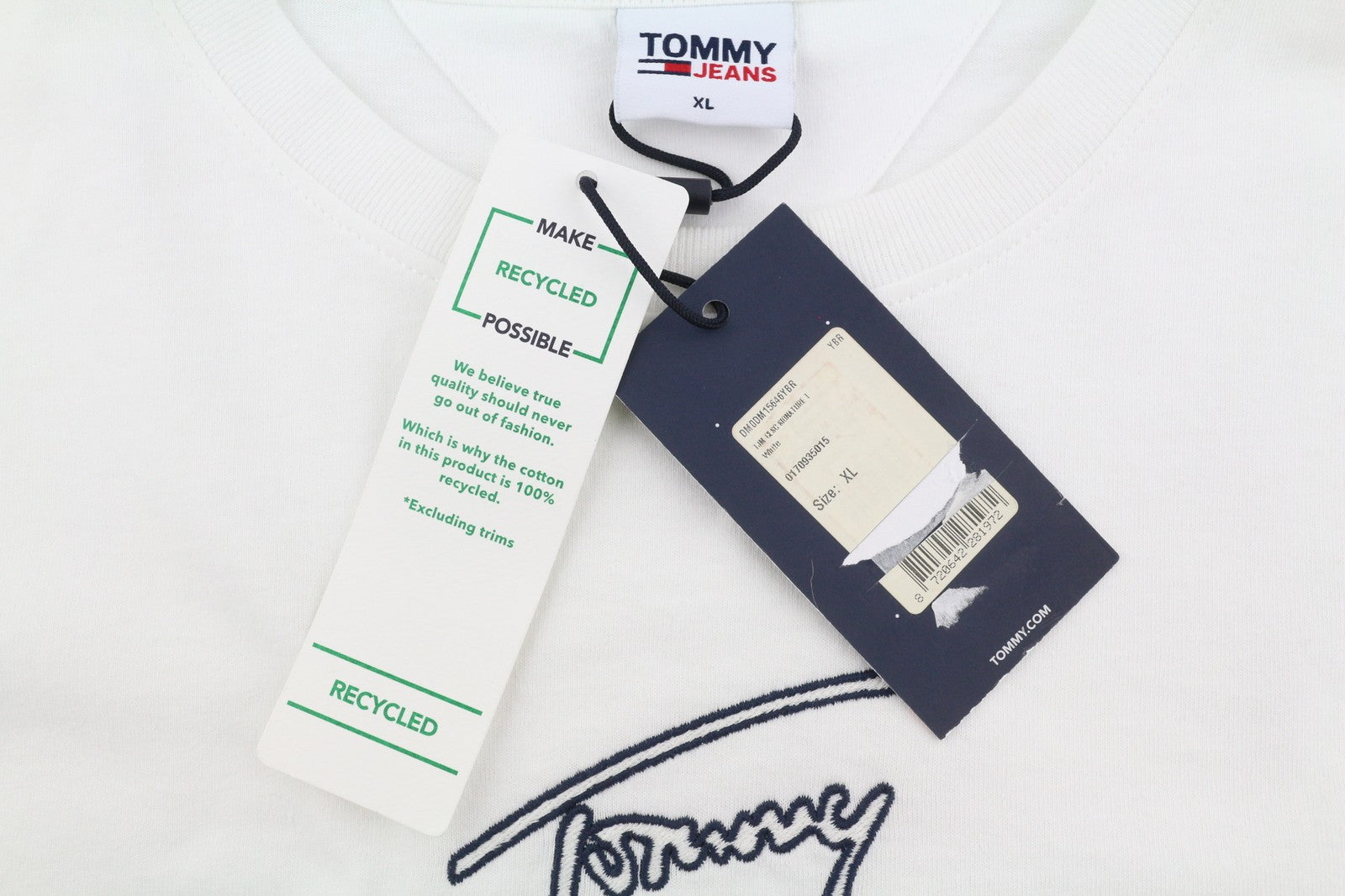 Tommy Jeans Men T-Shirt XL White Crew Neck Front Logo Tricot Short Sleeve