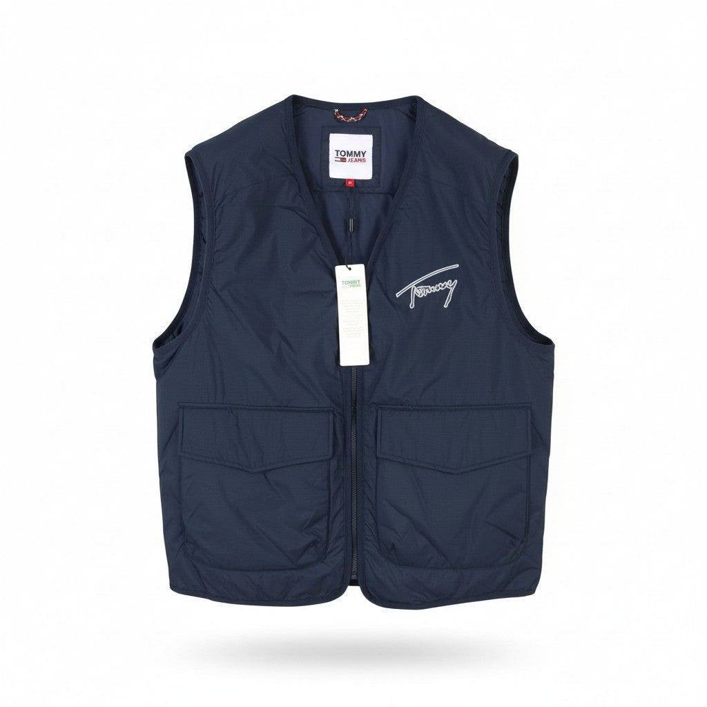 Tommy Jeans Men Waistcoat M Dark Blue Padded Patch Pockets V-Neck Vest