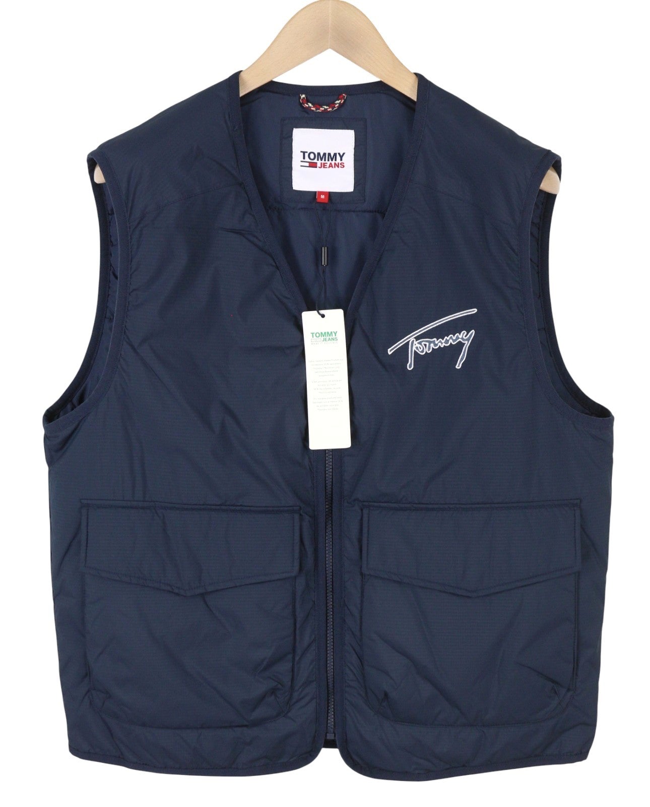 Tommy Jeans Men Waistcoat M Dark Blue Padded Patch Pockets V-Neck Vest