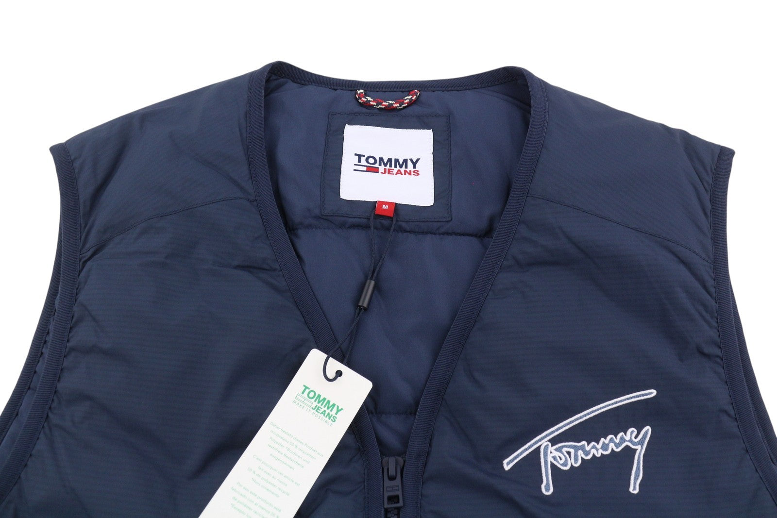 Tommy Jeans Men Waistcoat M Dark Blue Padded Patch Pockets V-Neck Vest