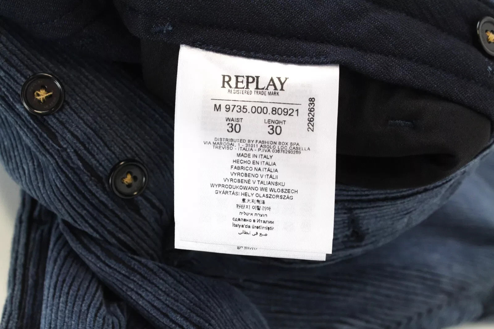 REPLAY Men Trousers W30/L30 Corduroy Patched Back Pocket Button-Fly Straight