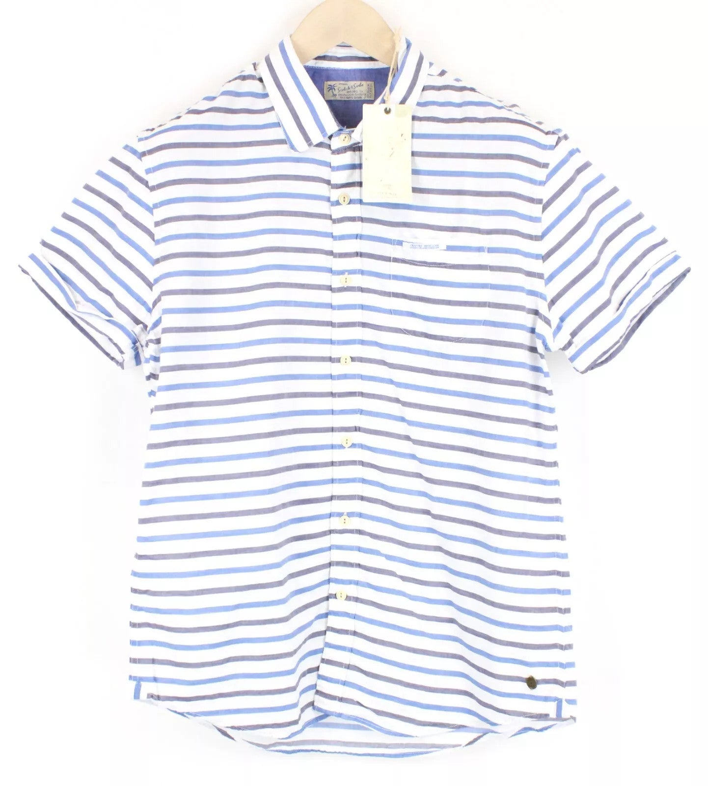SCOTCH & SODA Men Shirt M Short Sleeve Striped Patched Pocket Collared Canvas