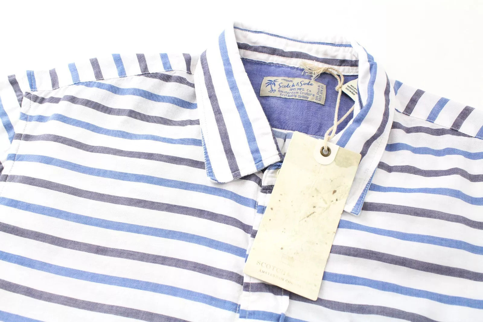SCOTCH & SODA Men Shirt M Short Sleeve Striped Patched Pocket Collared Canvas