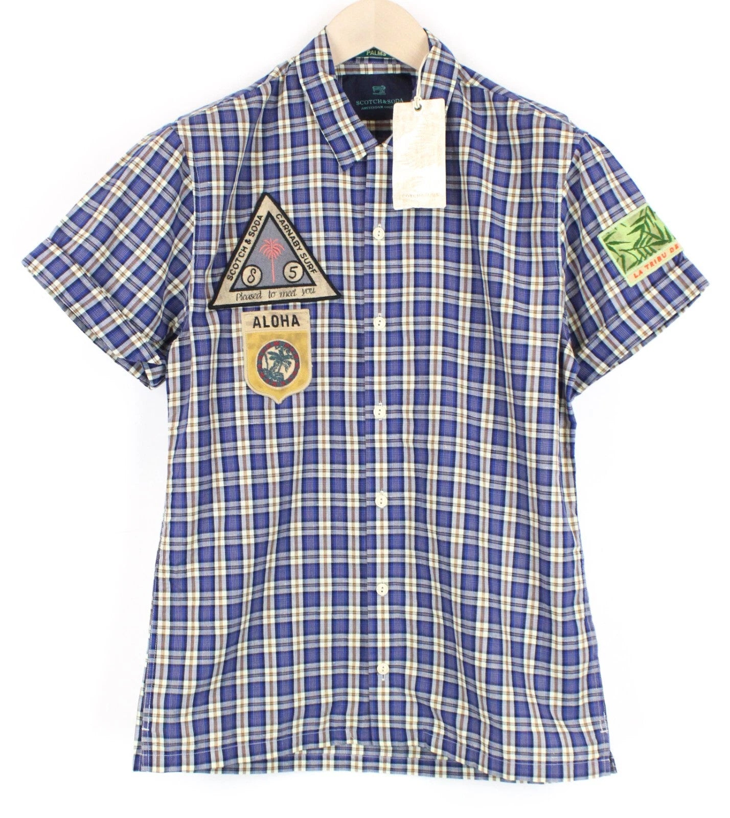 SCOTCH & SODA Men Shirt S Short Sleeve Patched Checked Linen Blend Button-Up
