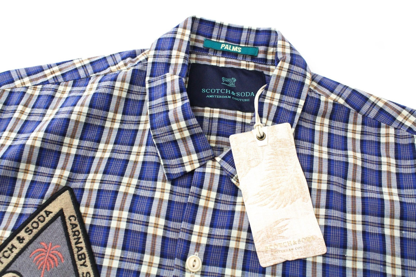 SCOTCH & SODA Men Shirt S Short Sleeve Patched Checked Linen Blend Button-Up