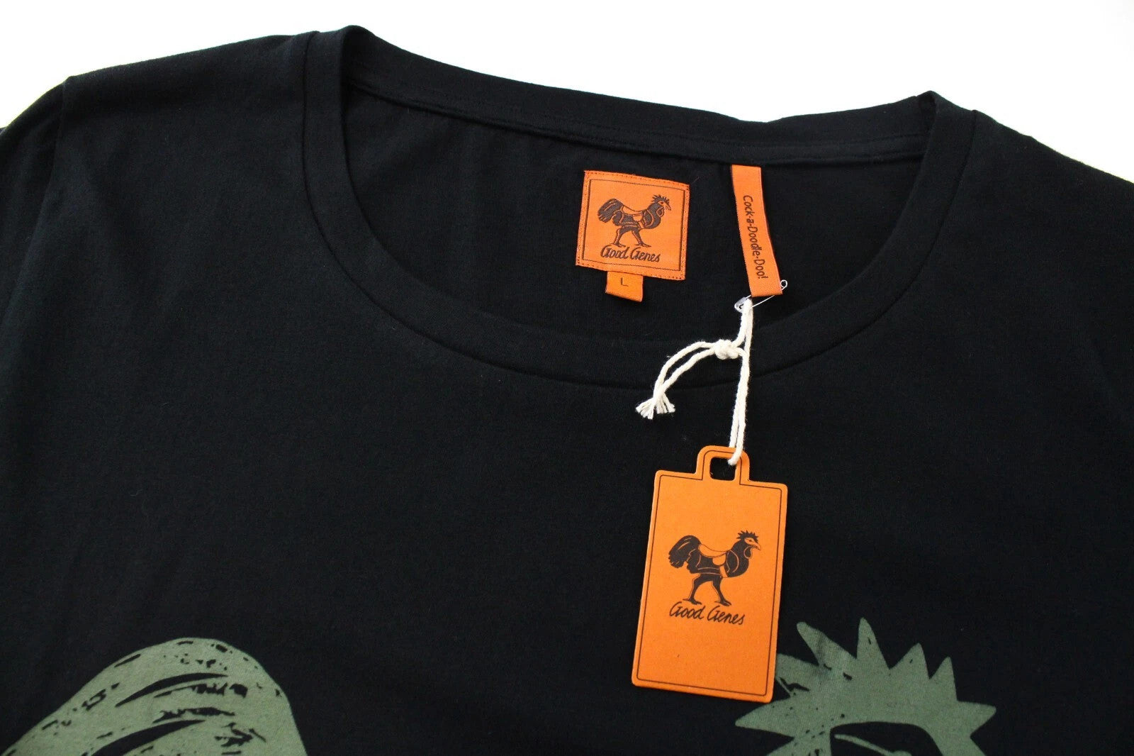 GOOD GENES Men T-Shirt L Rooster Printed Pure Cotton Black Logo Short Sleeve