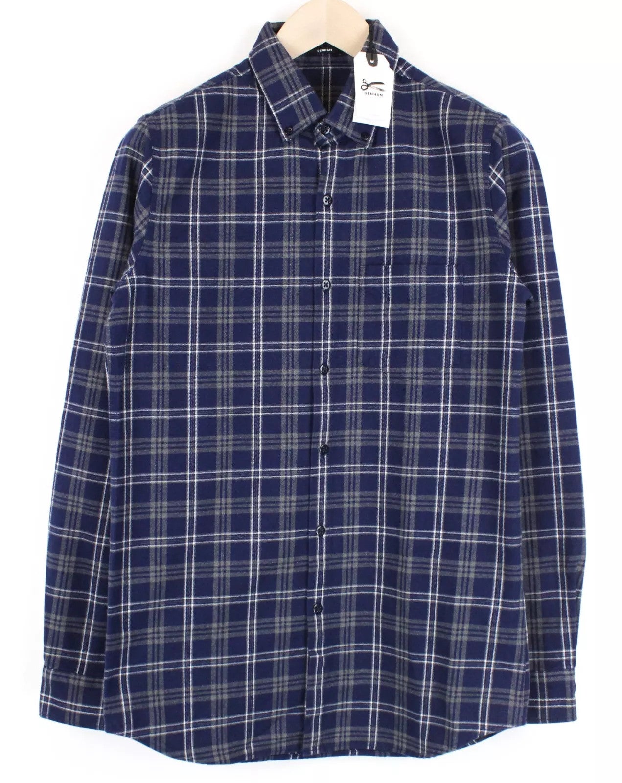 DENHAM Men Shirt S Pocket Button-Up Woven Grey Blue Marl Spread Collared Casual