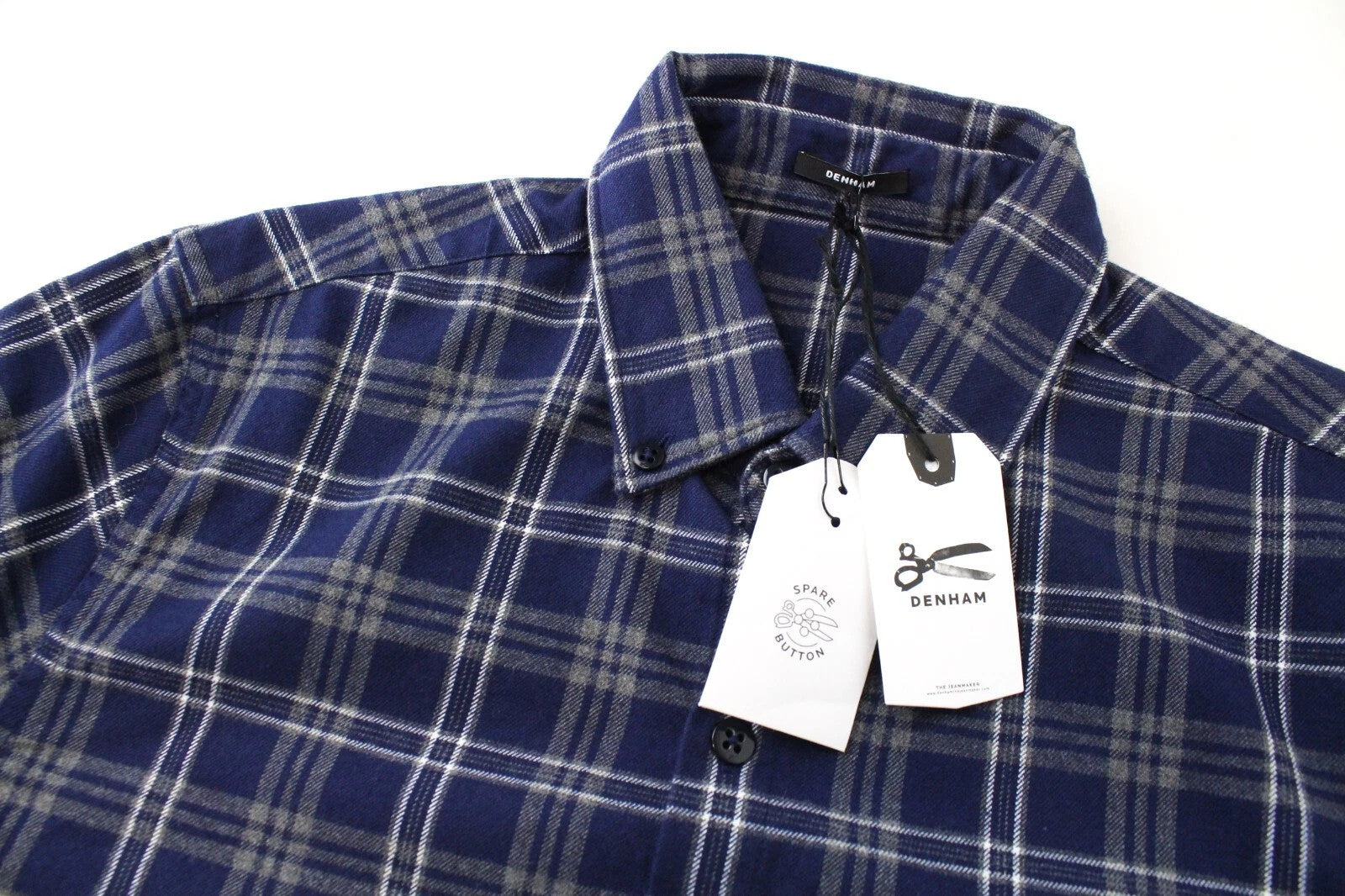 DENHAM Men Shirt S Pocket Button-Up Woven Grey Blue Marl Spread Collared Casual
