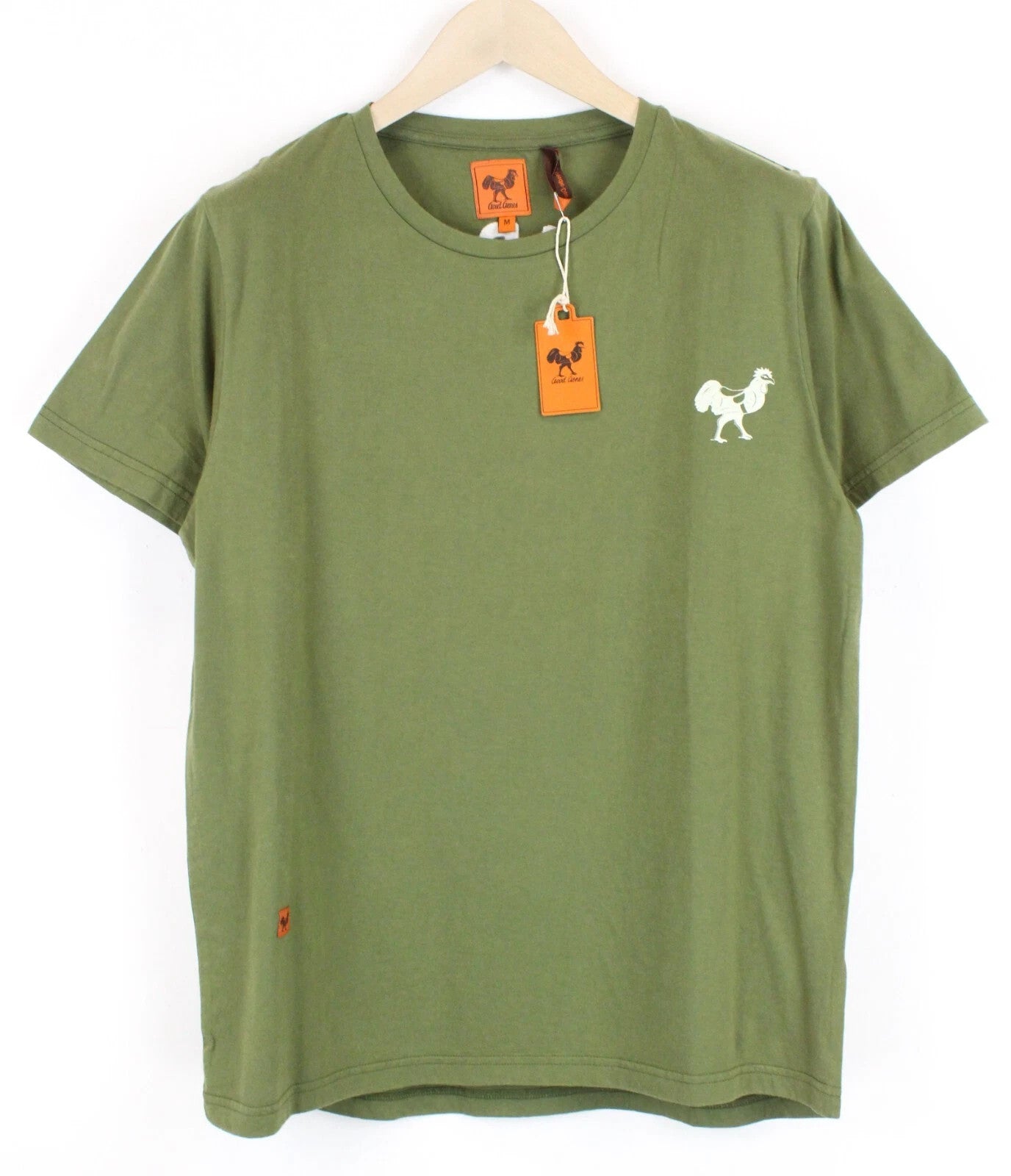 GOOD GENES Men T-Shirt M Rooster Logo Jersey Printed Khaki Green Crew Neckline
