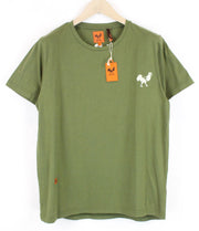 GOOD GENES Men T-Shirt M Rooster Logo Jersey Printed Khaki Green Crew Neckline