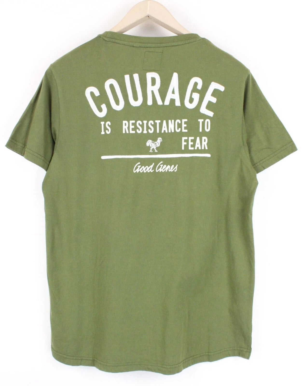 GOOD GENES Men T-Shirt M Rooster Logo Jersey Printed Khaki Green Crew Neckline
