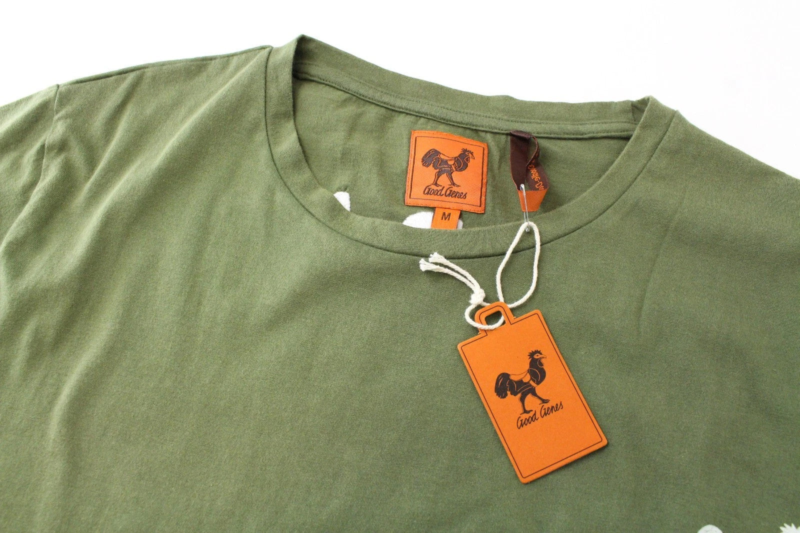 GOOD GENES Men T-Shirt M Rooster Logo Jersey Printed Khaki Green Crew Neckline